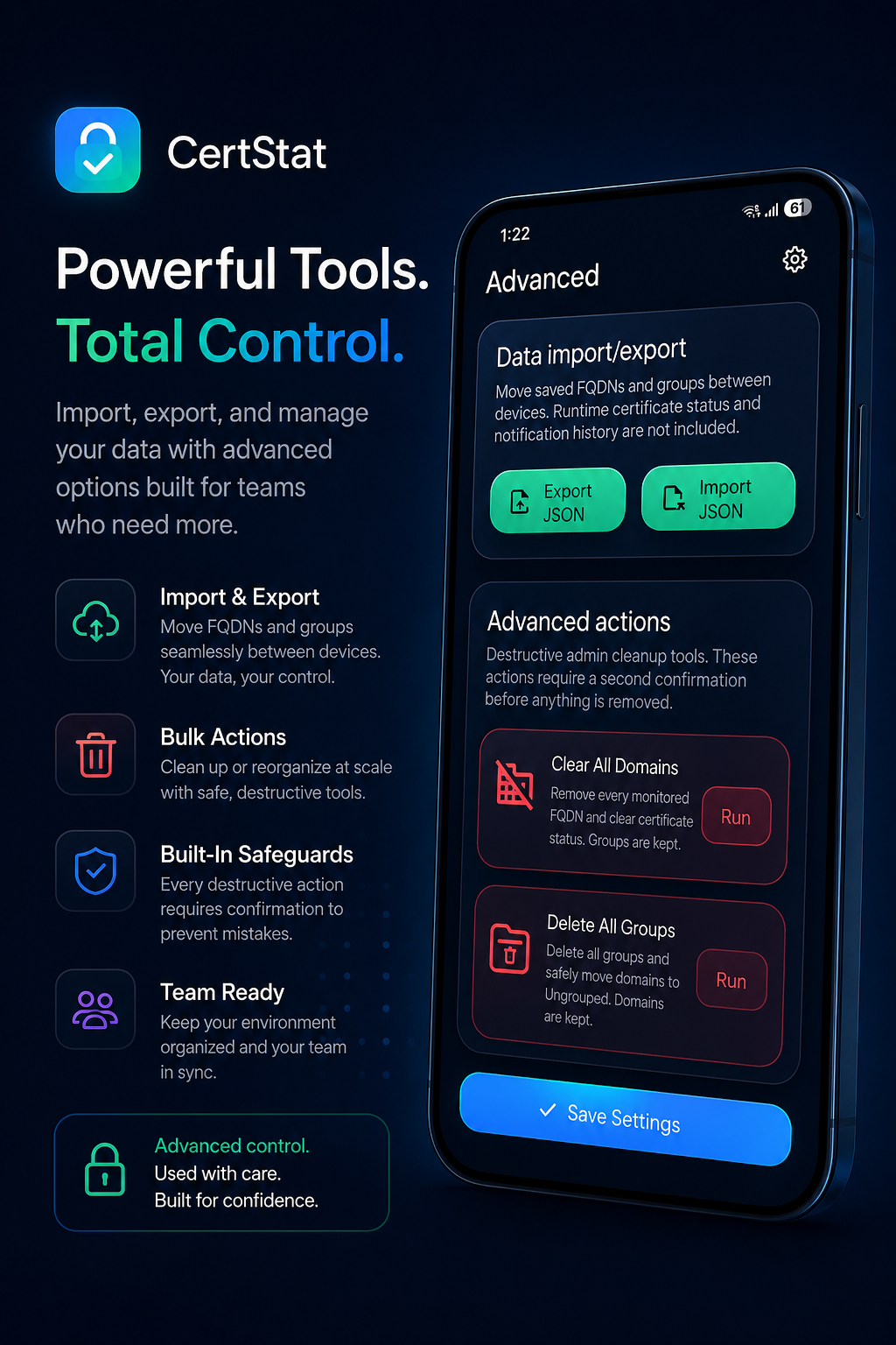 CertStat import, export, and advanced management options