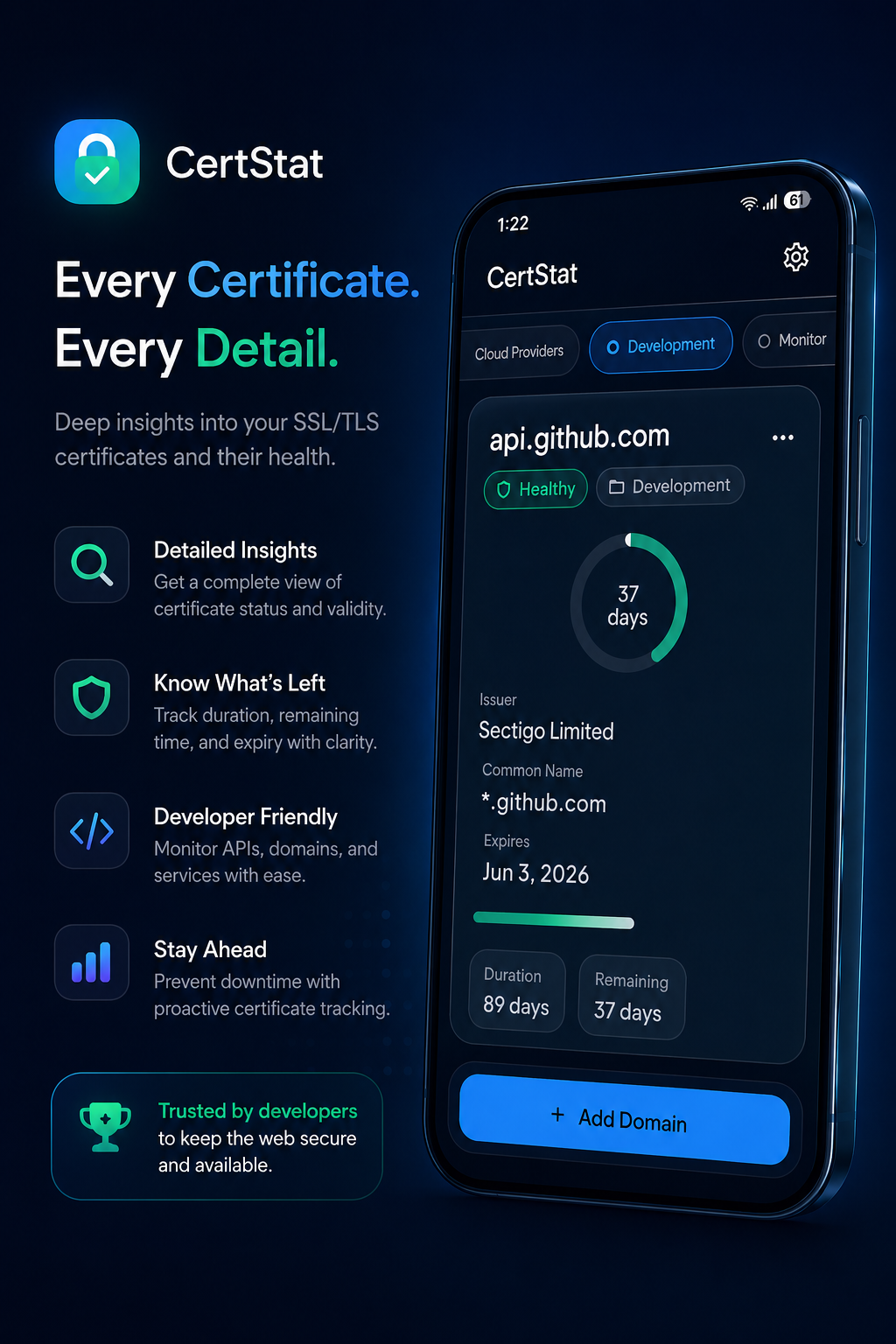CertStat certificate detail view with issuer, validity, and remaining days