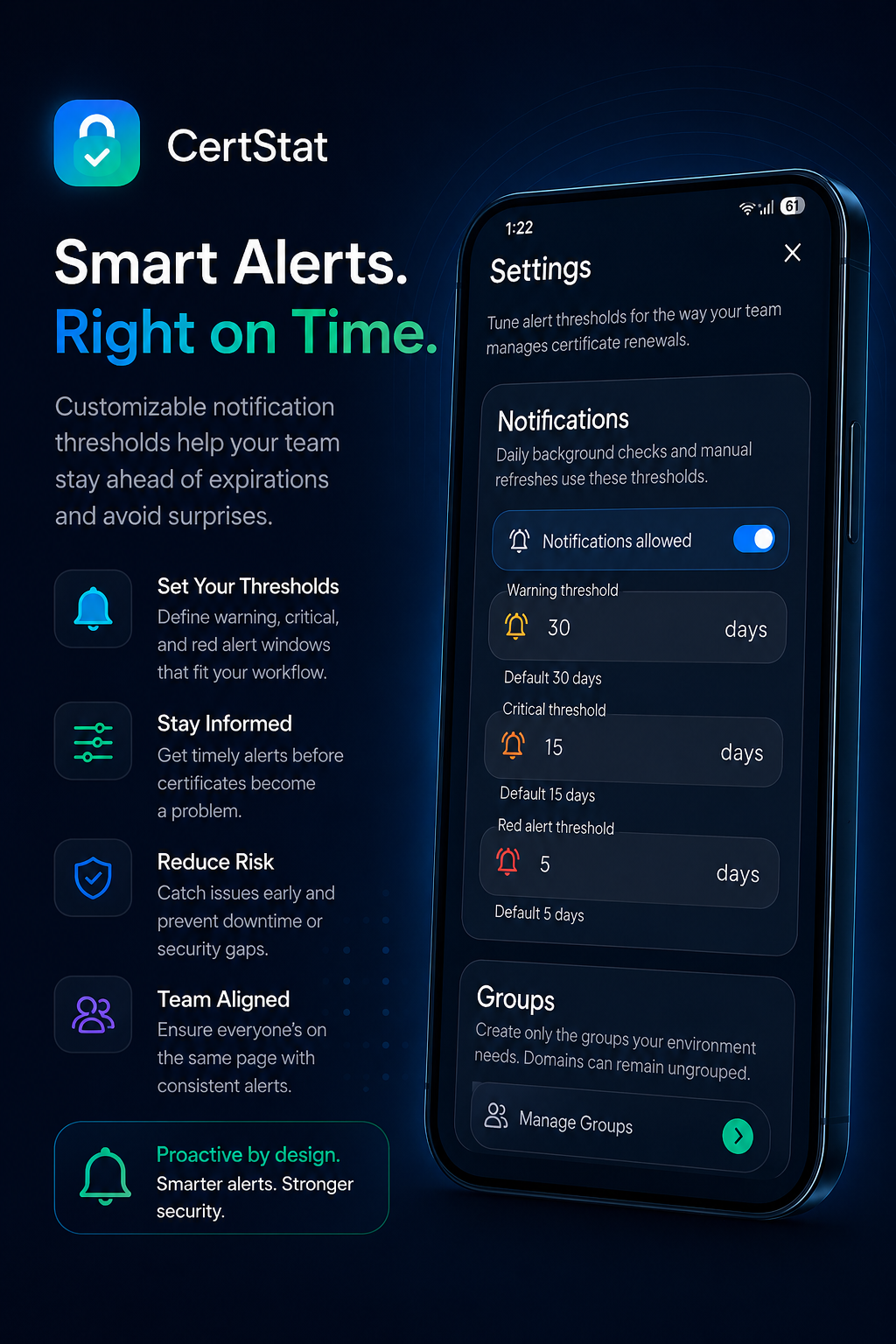 CertStat notification settings with warning, critical, and red alert thresholds