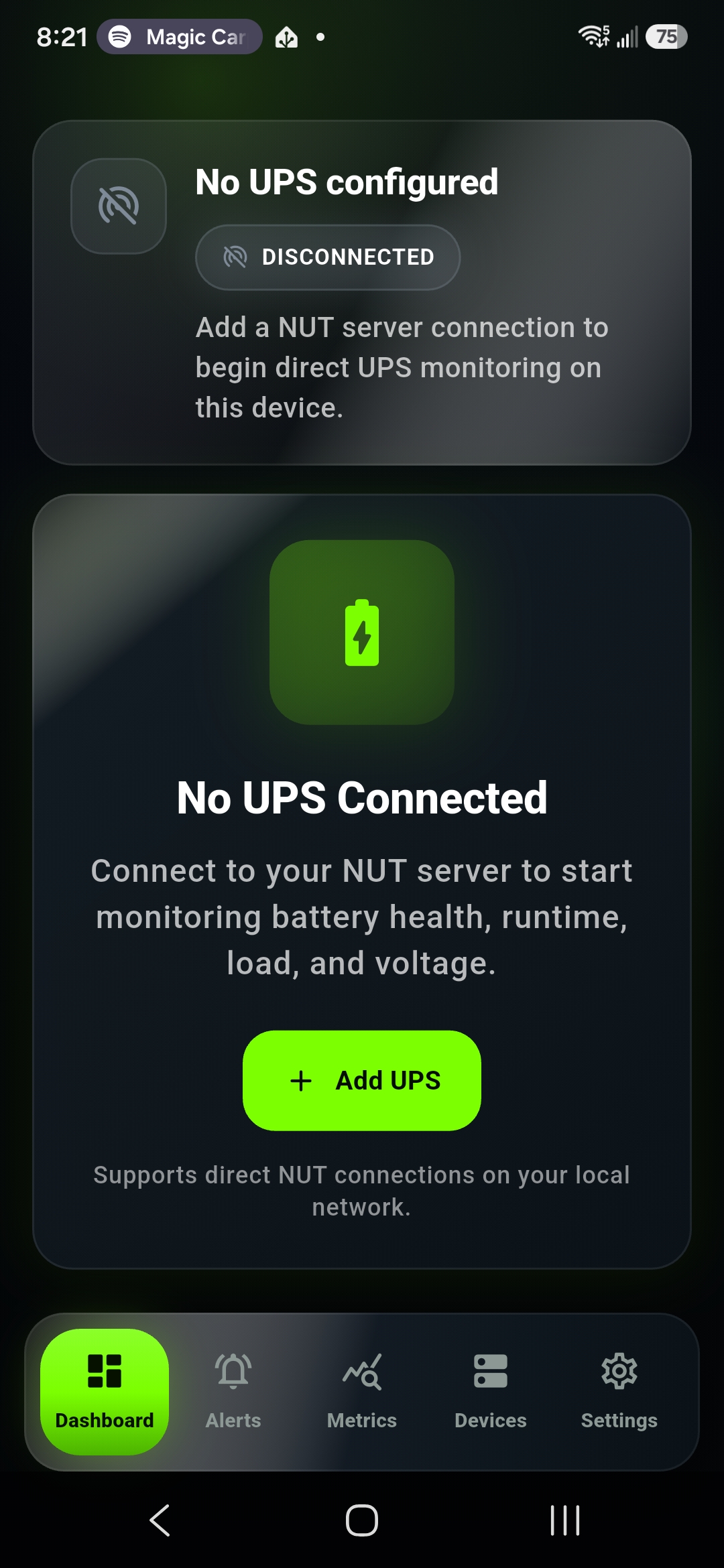 Empty UPSLink Android dashboard before a UPS has been configured