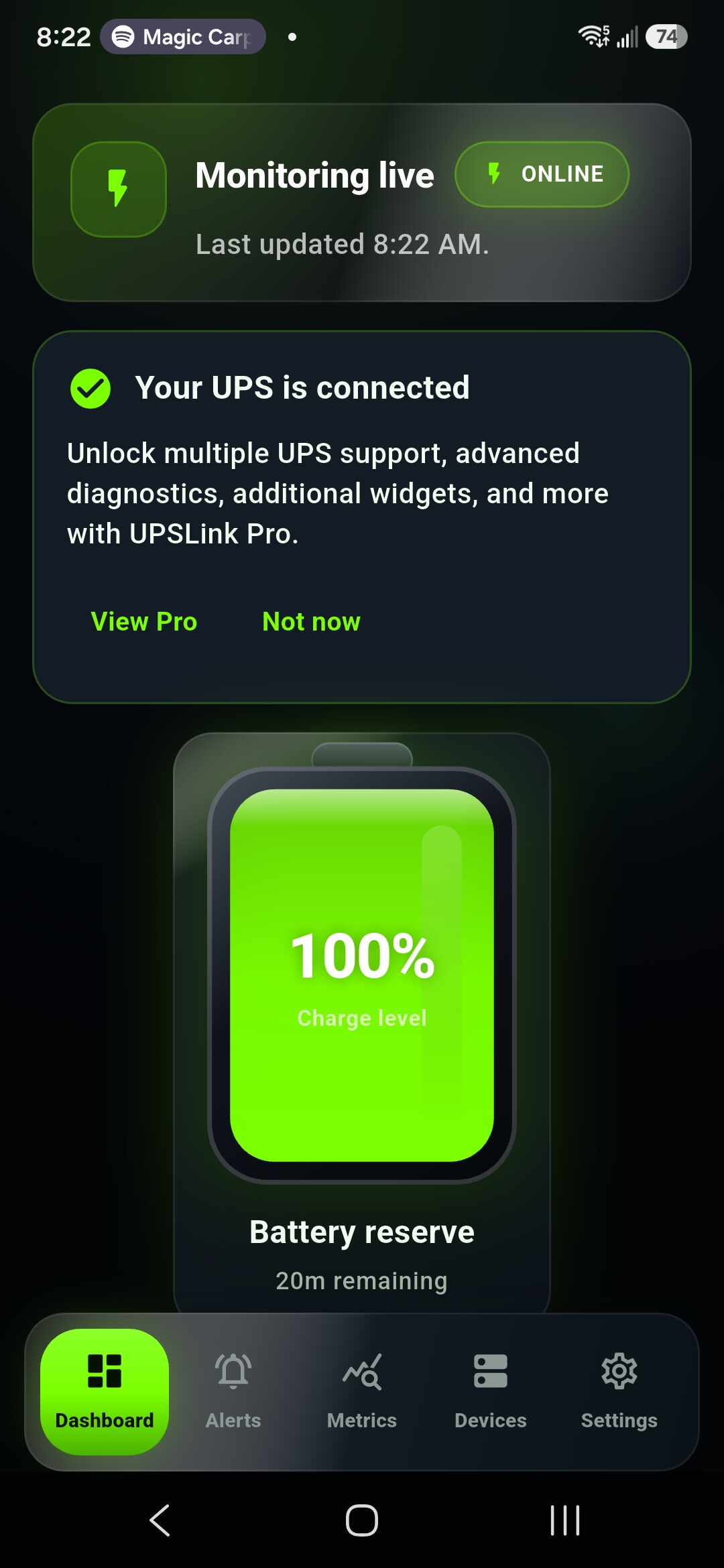 Completed UPSLink dashboard showing an online NUT UPS connection and current status