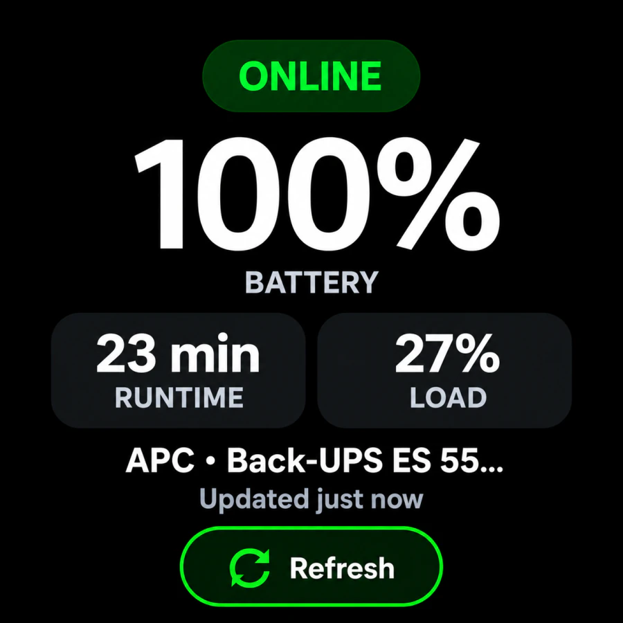 UPSLink Wear dashboard with ONLINE status, UPS battery percentage, estimated runtime, load, UPS identity, update text, and Refresh control