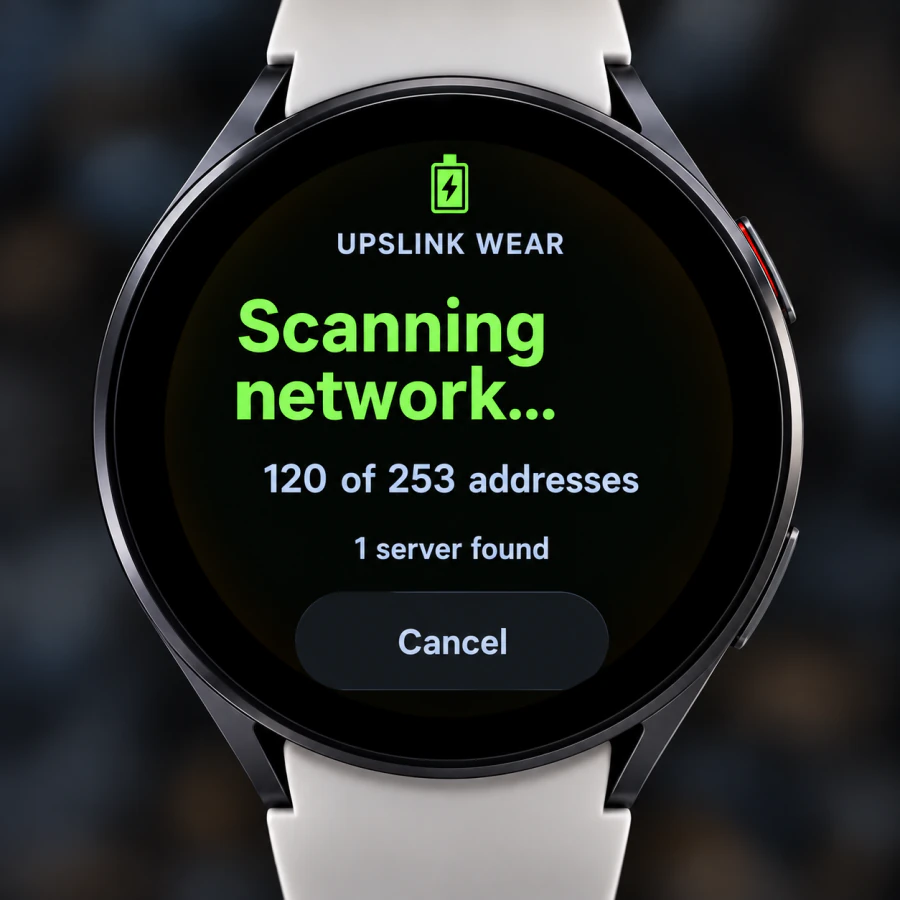 UPSLink Wear scanning a network, showing 120 of 253 addresses checked and one server found