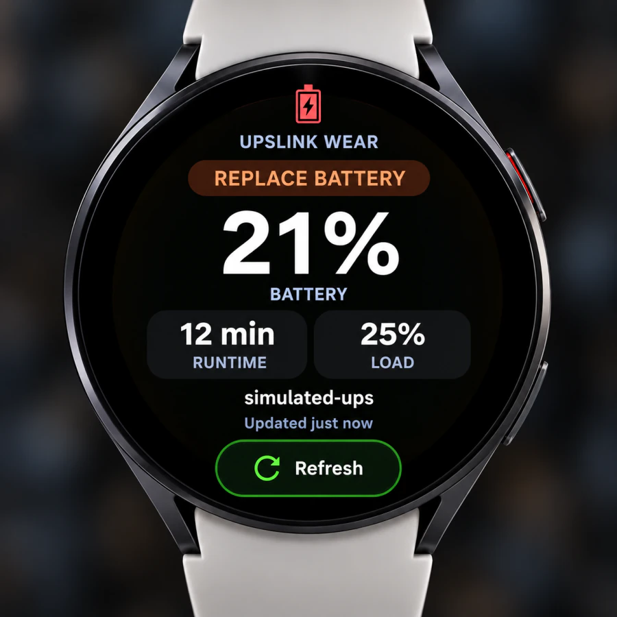 UPSLink Wear simulated-ups example showing REPLACE BATTERY, 21 percent battery, 12 minutes runtime, and 25 percent load