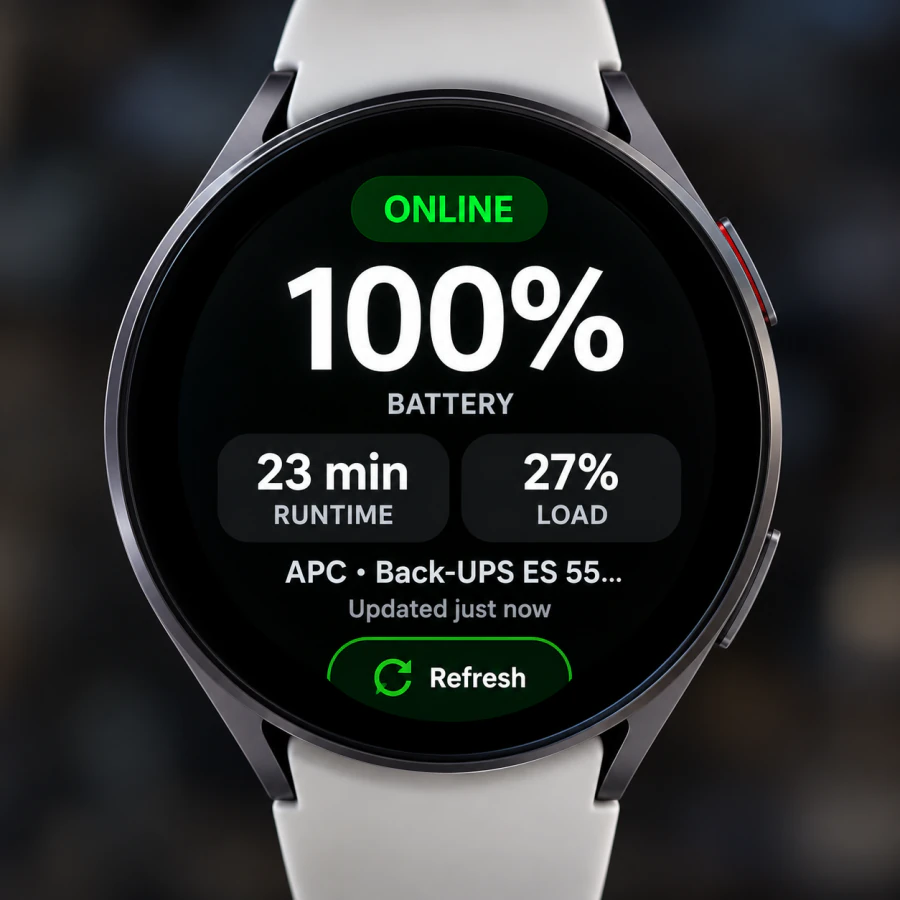 UPSLink on a round smartwatch showing online status, 100 percent UPS battery, 23 minutes runtime, and 27 percent load